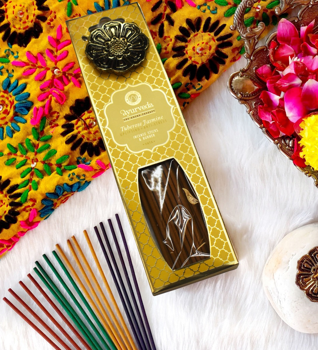 Tuberose Jasmine Ayurveda Incense Sticks with Holder by Song of India — incense sticks or cones packaging detail
