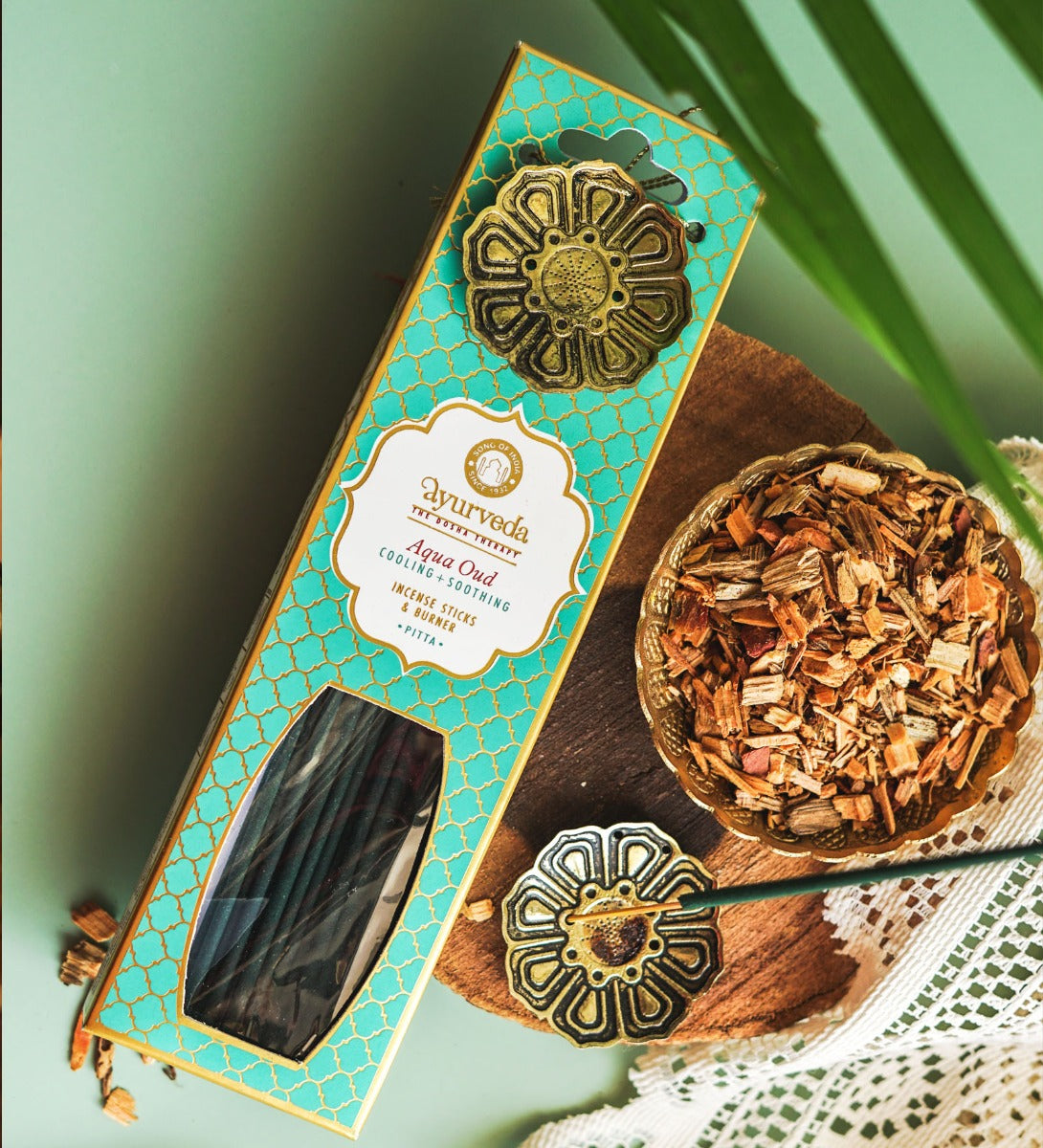 Aqua Oud Ayurveda Incense Sticks with Holder by Song of India — incense sticks or cones packaging detail