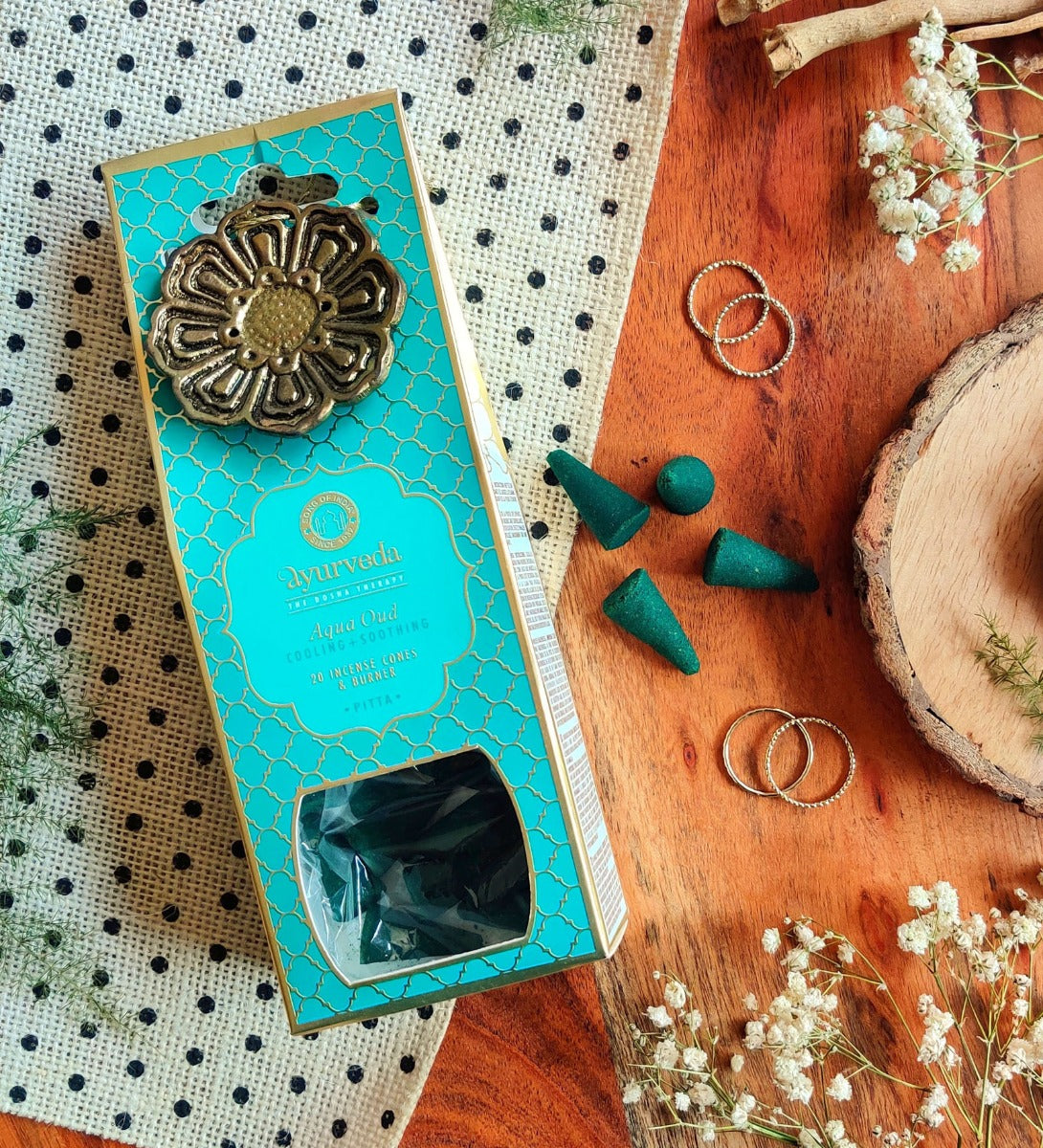 Aqua Oud Ayurveda 20 Incense Cones with Holder by Song of India — incense holder and ritual detail
