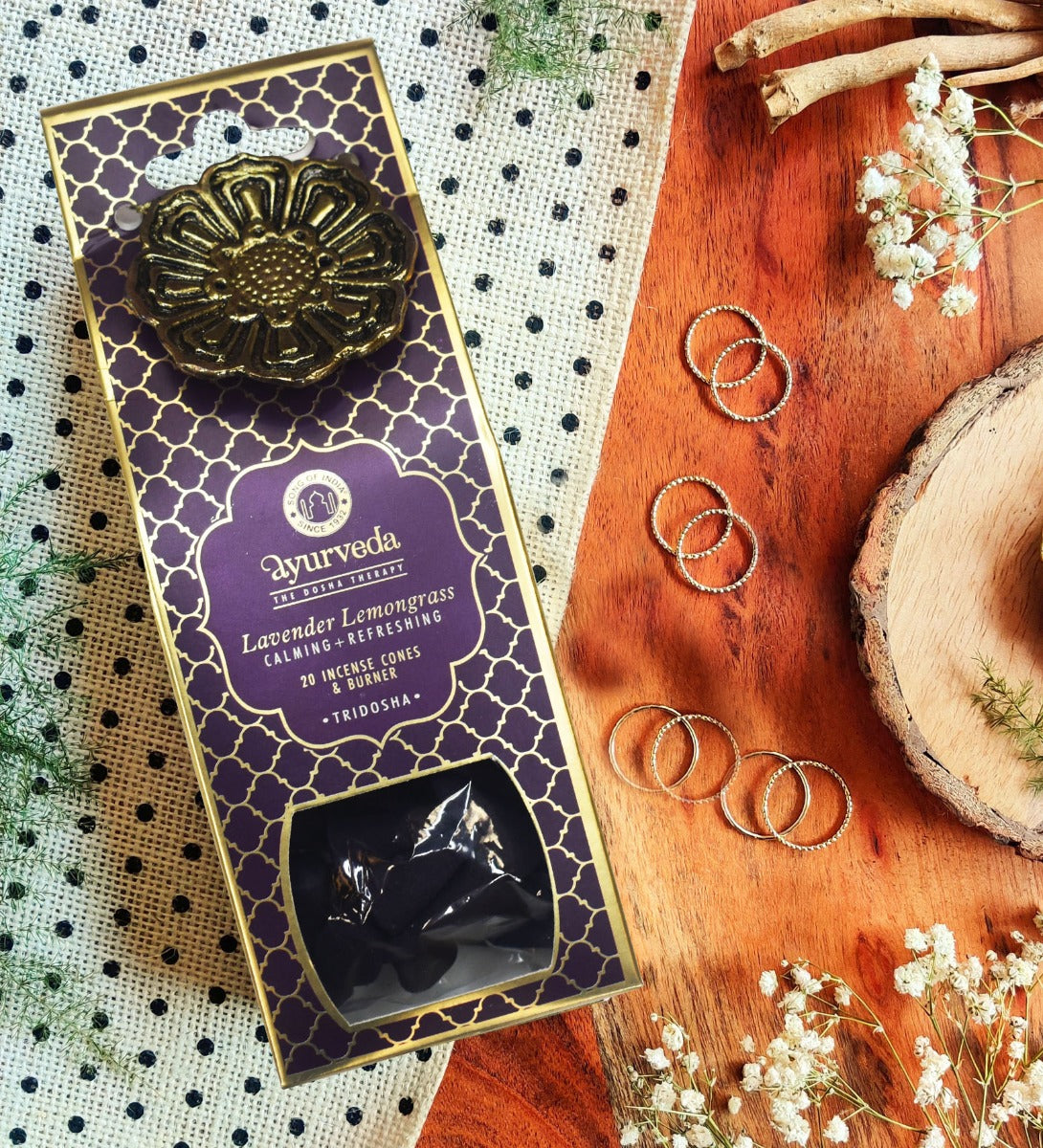 Lavender Lemongrass Ayurveda 20 Incense Cones with Holder by Song of India — incense sticks or cones packaging detail