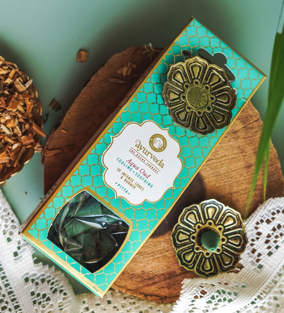 Aqua Oud Ayurveda 20 Incense Cones with Holder by Song of India — incense sticks or cones packaging detail