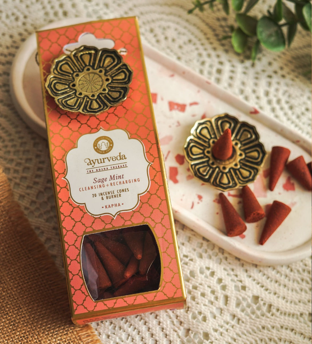 Sage Mint Veda 20 Incense Cones with Holder by Song of India — incense sticks or cones packaging detail