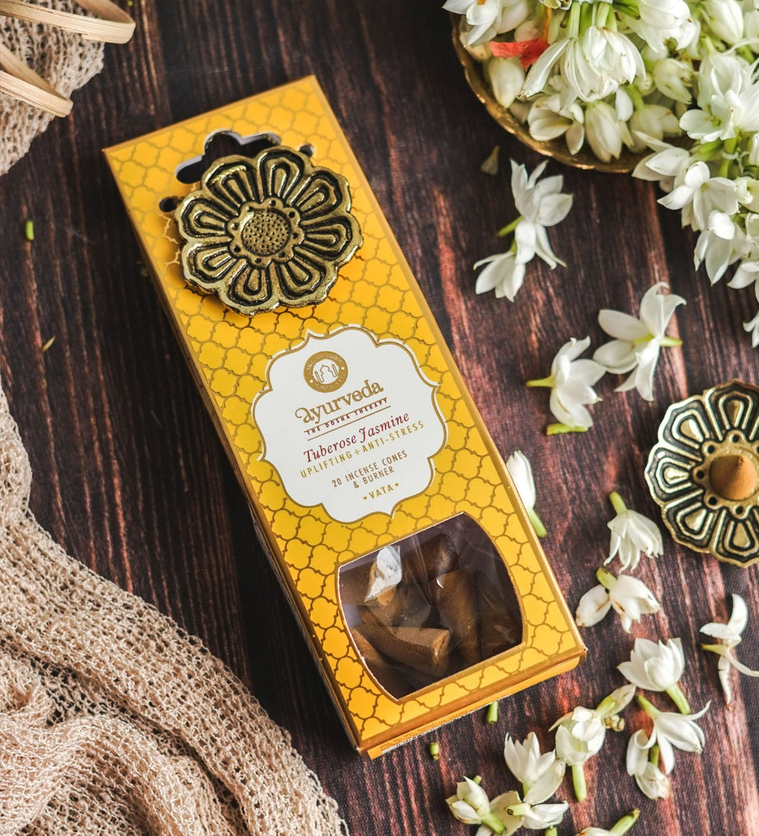 Tuberose Jasmine Veda 20 Incense Cones with Holder by Song of India — incense sticks or cones packaging detail