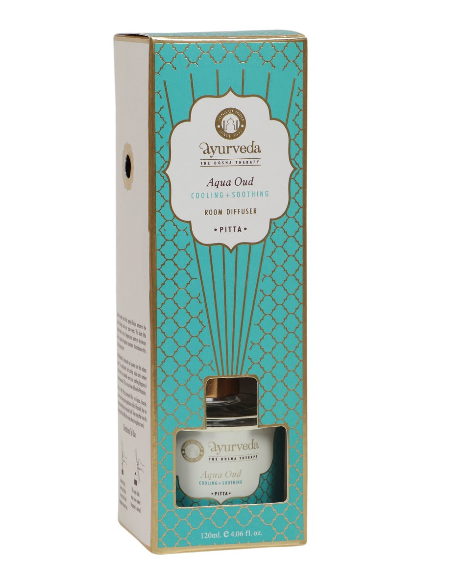 Aqua Oud Ayurveda Reed Diffuser by Song of India — diffuser packaging and label detail