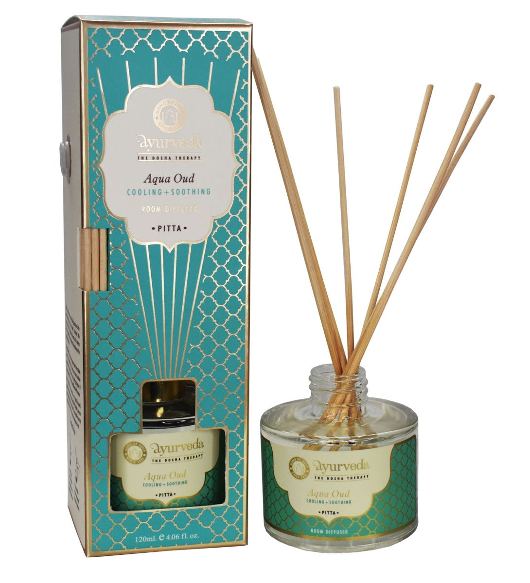 Aqua Oud Ayurveda Reed Diffuser by Song of India — reed diffuser bottle and reeds detail