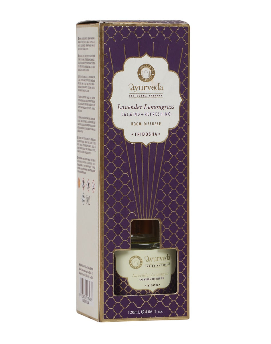 Lavender Lemongrass Ayurveda Reed Diffuser by Song of India — diffuser packaging and label detail