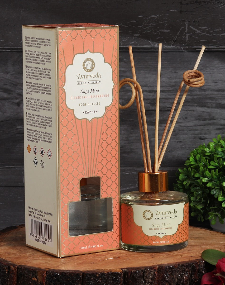 Sage Mint Ayurveda Reed Diffuser by Song of India — reed diffuser bottle and reeds detail