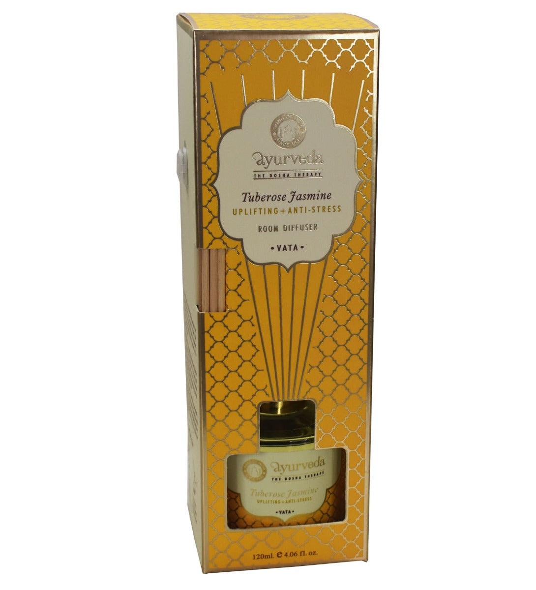 Tuberose Jasmine Ayurveda Reed Diffuser by Song of India — diffuser packaging and label detail