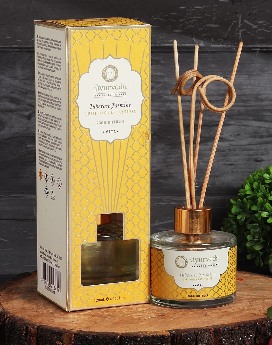 Tuberose Jasmine Ayurveda Reed Diffuser by Song of India — reed diffuser bottle and reeds detail