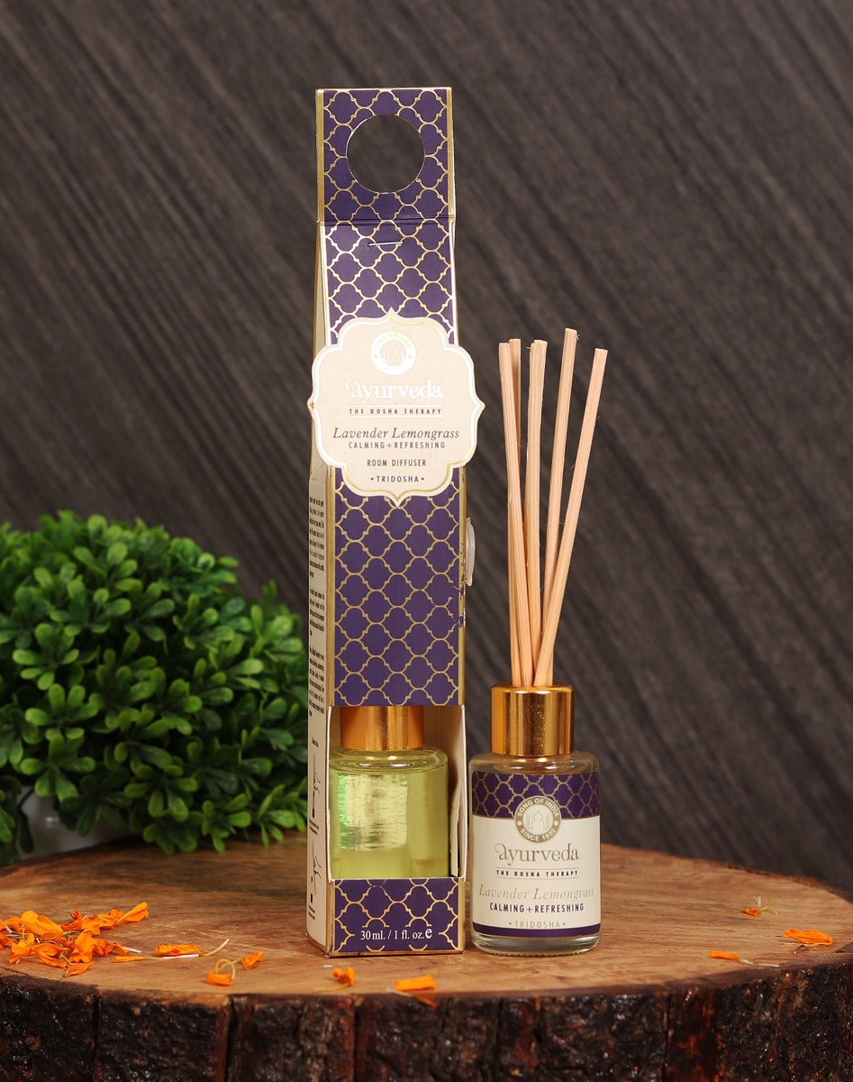 Lavender Lemongrass Ayurveda Reed Diffuser by Song of India — reed diffuser bottle and reeds detail