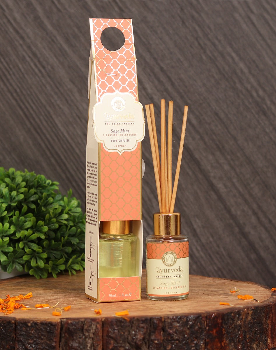 Sage Mint Ayurveda Reed Diffuser by Song of India — reed diffuser bottle and reeds detail