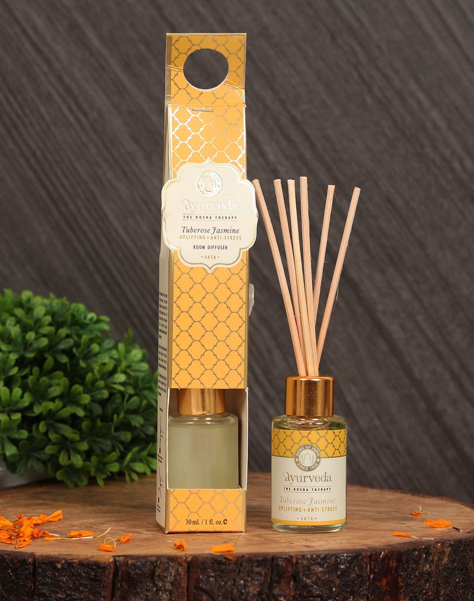 Tuberose Jasmine Ayurveda Reed Diffuser by Song of India — reed diffuser bottle and reeds detail