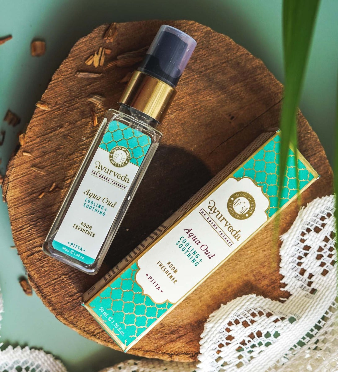 Aqua Oud Ayurveda Room Spray by Song of India — product packaging detail
