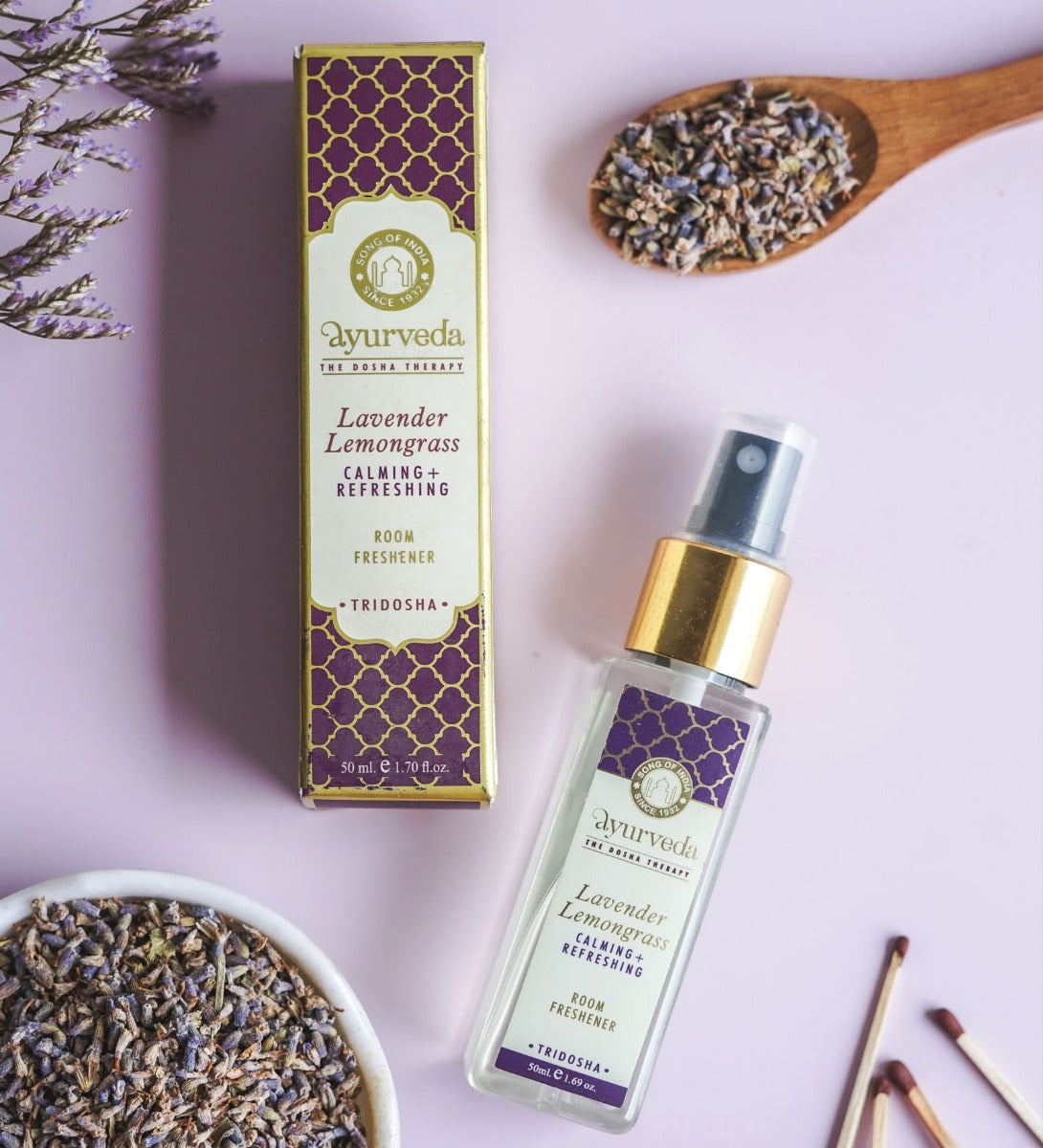 Lavender Lemongrass Ayurveda Room Spray by Song of India — product packaging detail