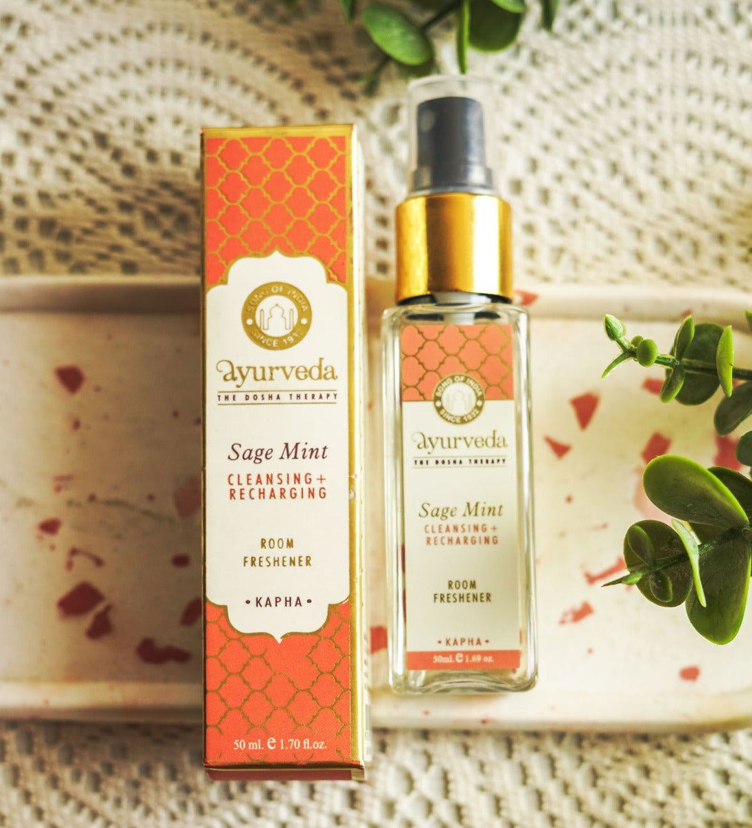 Sage Mint Ayurveda Room Spray by Song of India — product packaging detail