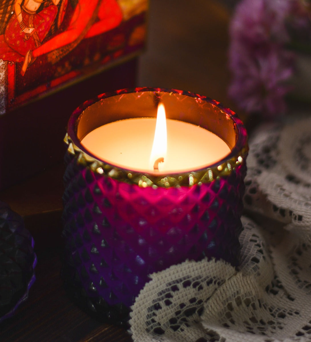 Moroccan Aphrodesia Scented Candle by Song of India — soy wax candle jar and packaging detail