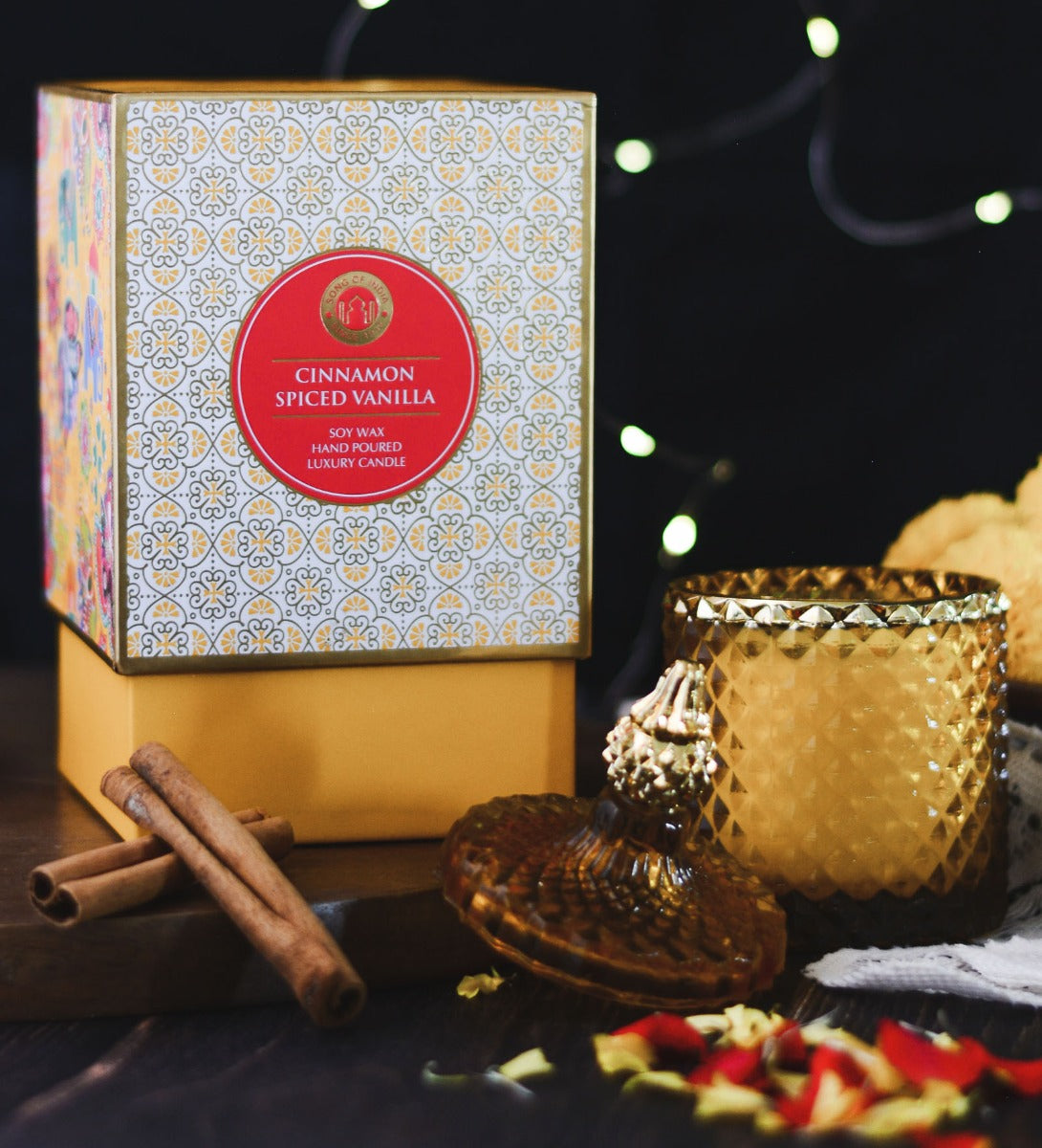Moroccan Cinnamon Spice Vanilla Scented Candle by Song of India — soy wax candle jar and packaging detail