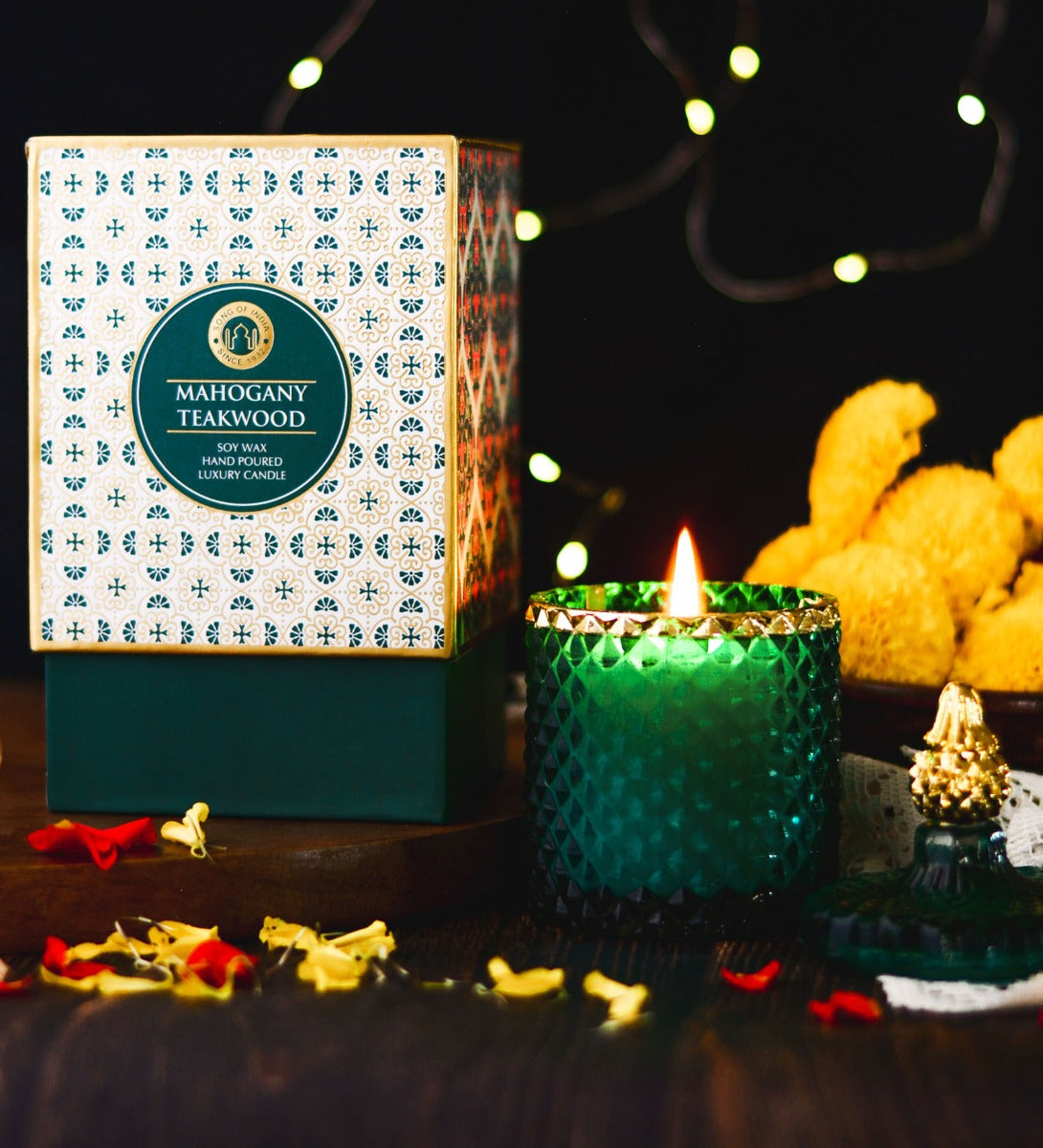 Moroccan Mahogany Teakwood Scented Candle by Song of India — soy wax candle jar and packaging detail