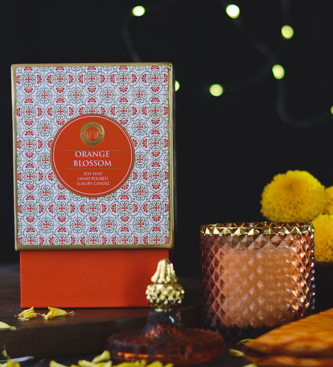 Moroccan Orange Blossom Scented Candle by Song of India — soy wax candle jar and packaging detail