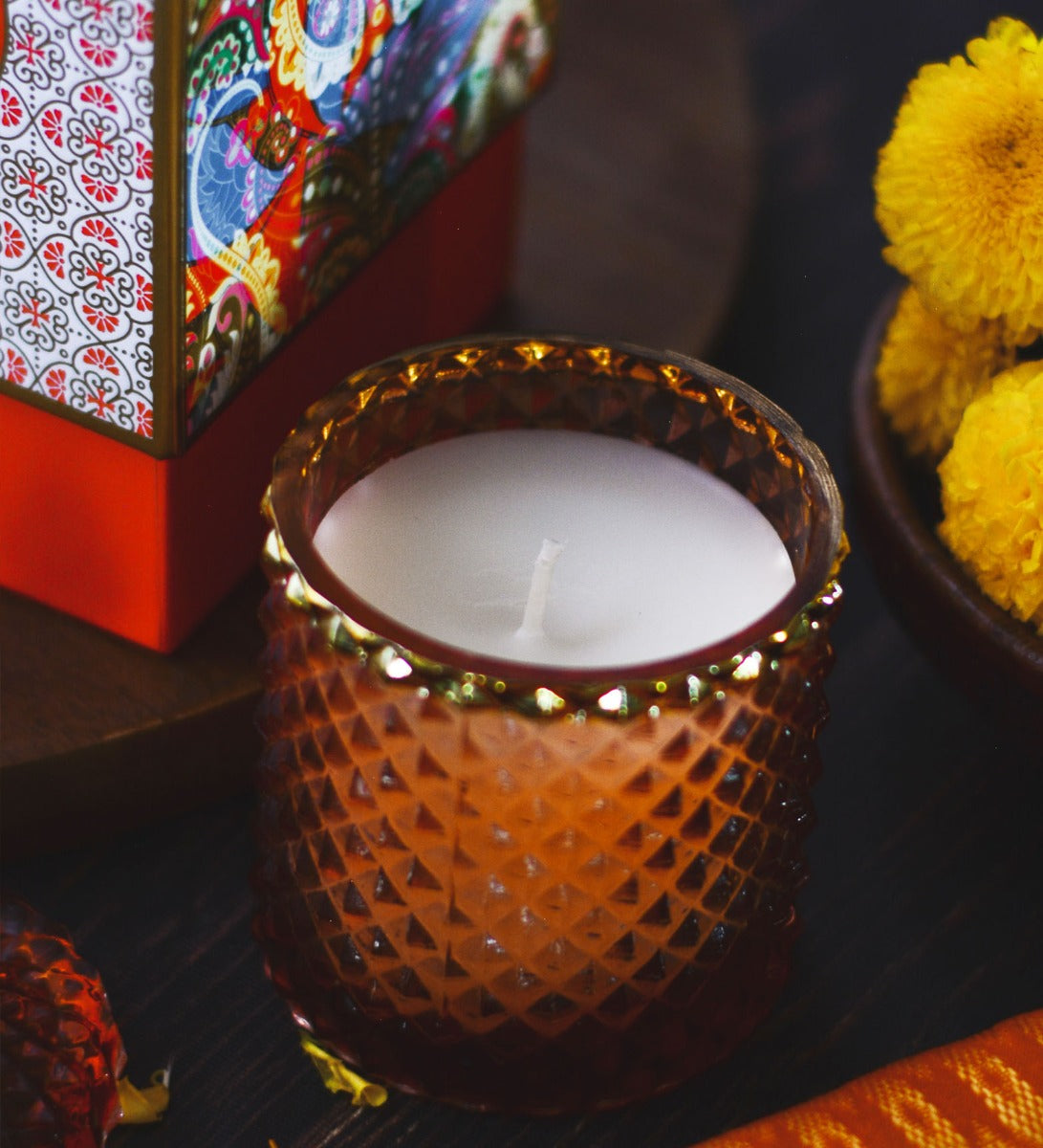 Moroccan Orange Blossom Scented Candle by Song of India — candle fragrance and label detail
