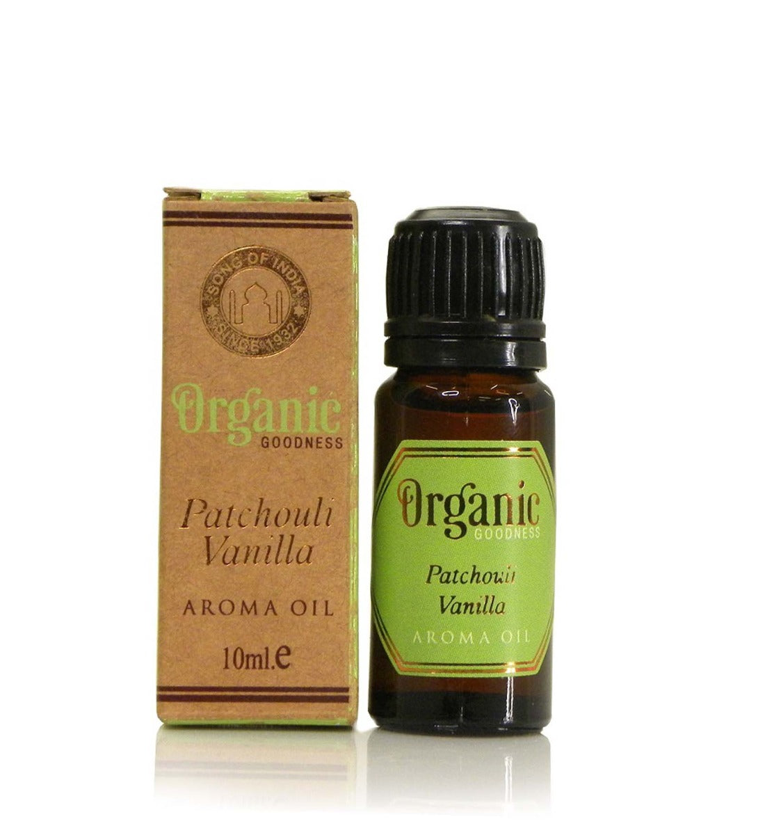 Patchouli Vanilla Aroma Oil by Song of India — oil bottle and packaging detail