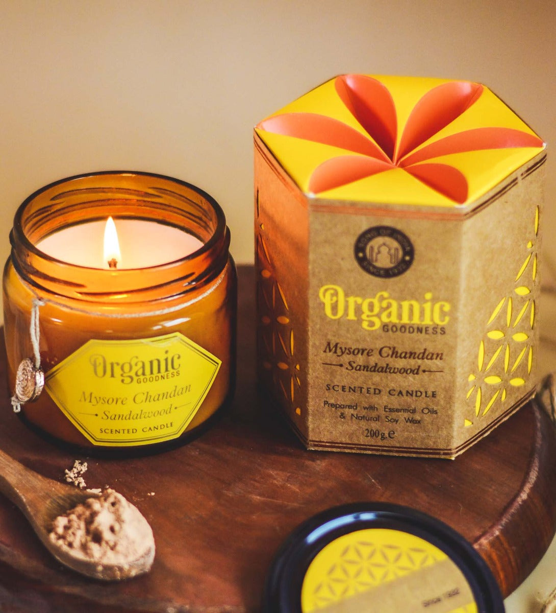 Mysore Chandan - Sandalwood Organic Soy Wax Candle by Song of India — soy wax candle jar and packaging detail