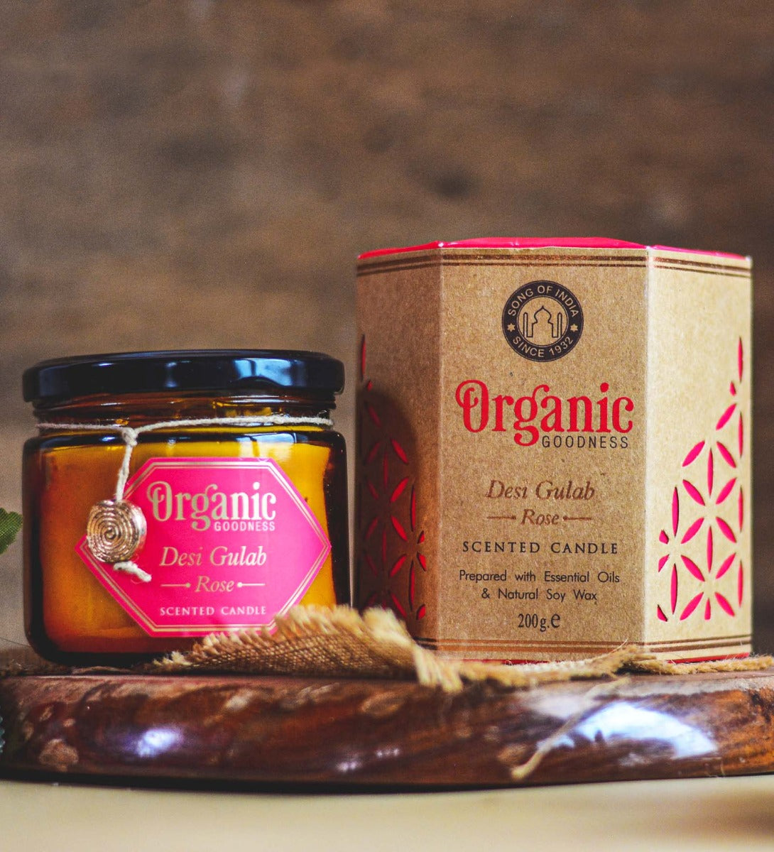 Desi Gulab - Rose Organic Soy Wax Candle by Song of India — soy wax candle jar and packaging detail