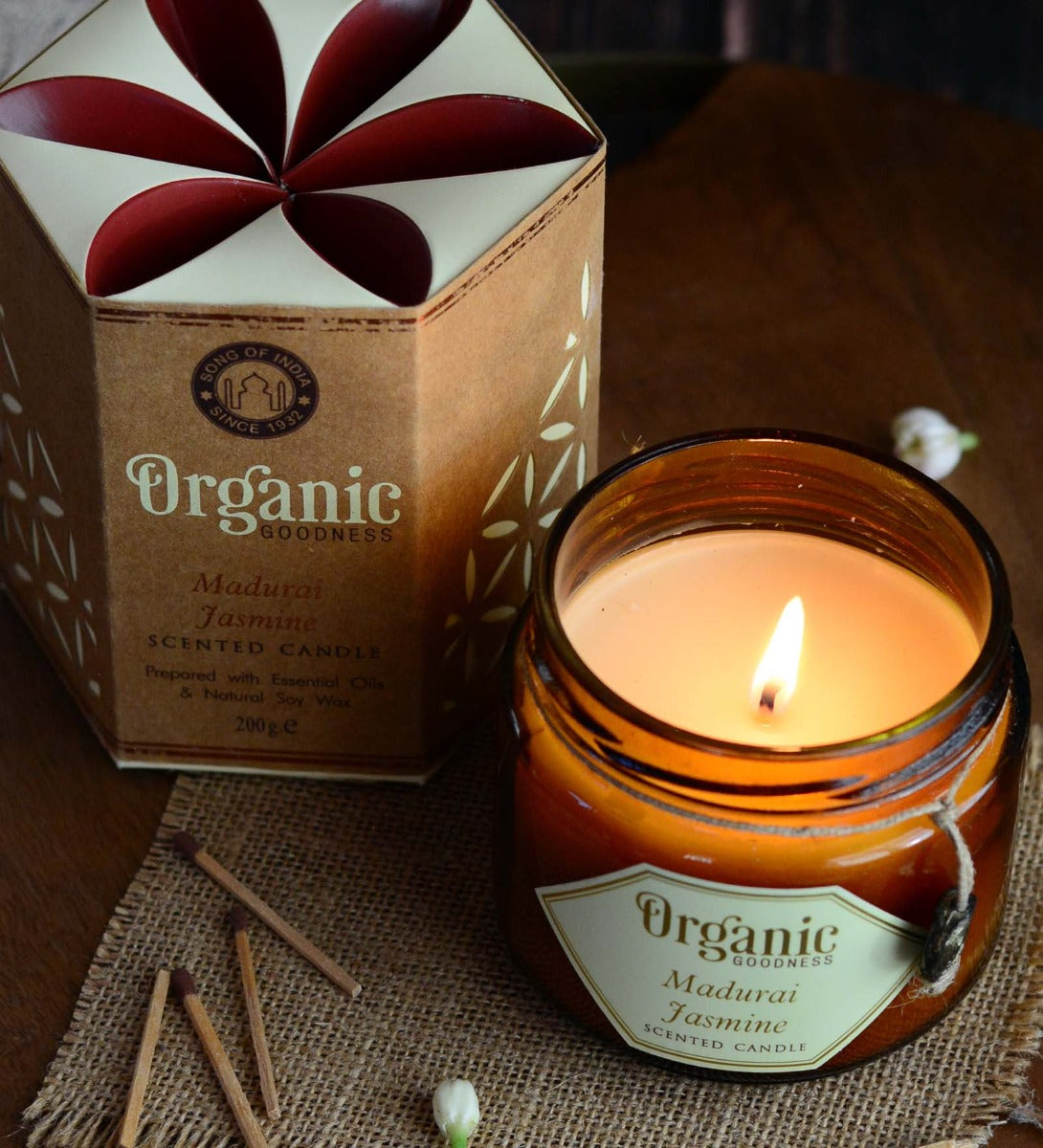 Madurai Jasmine Organic Soy Wax Candle by Song of India — soy wax candle jar and packaging detail