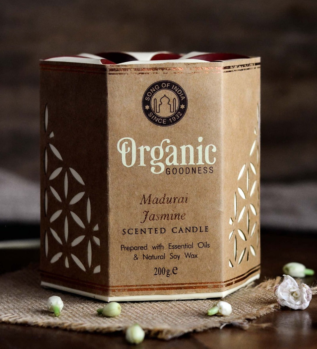 Madurai Jasmine Organic Soy Wax Candle by Song of India — candle fragrance and label detail