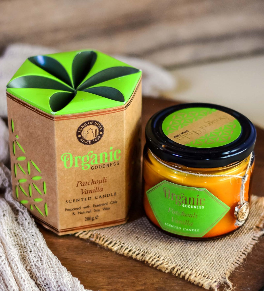 Patchouli Vanilla Organic Soy Wax Candle by Song of India — soy wax candle jar and packaging detail