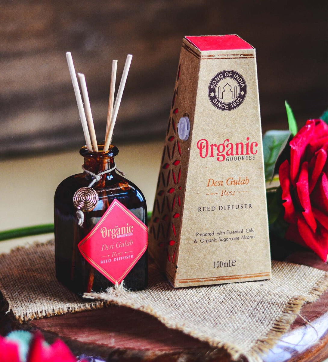 Desi Gulab - Rose Reed Diffuser by Song of India — reed diffuser bottle and reeds detail