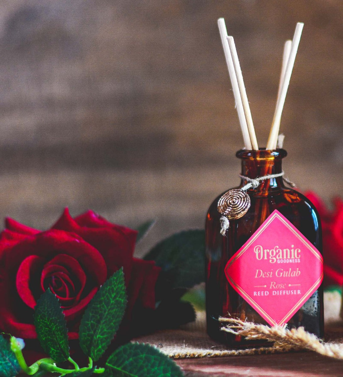 Desi Gulab - Rose Reed Diffuser by Song of India — diffuser packaging and label detail