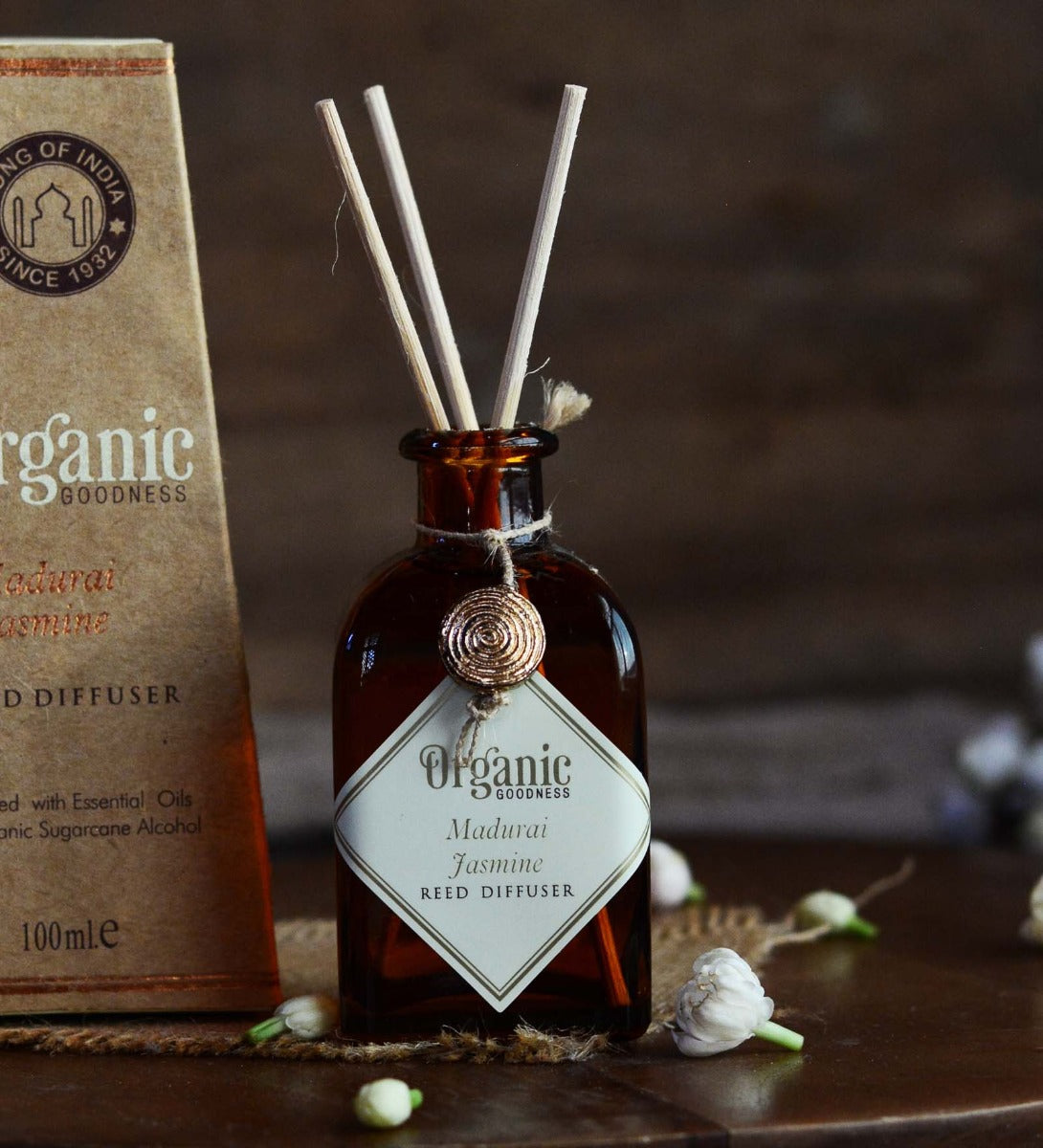 Madurai Jasmine Reed Diffuser by Song of India — reed diffuser bottle and reeds detail