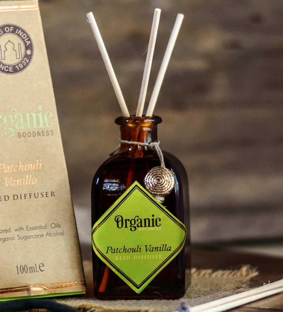 Patchouli Vanilla Reed Diffuser by Song of India — reed diffuser bottle and reeds detail