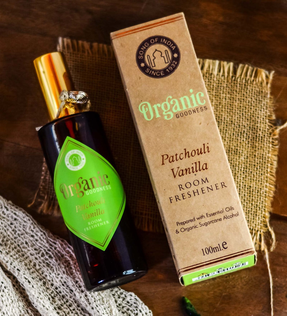 Patchouli Vanilla Room Spray by Song of India — product packaging detail