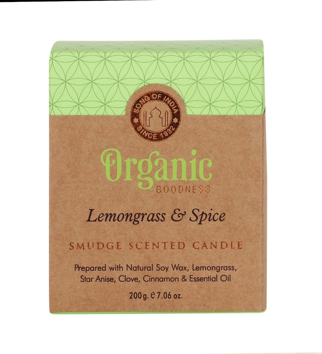 Lemongrass & Spice Organic Smudge Candle by Song of India — soy wax candle jar and packaging detail