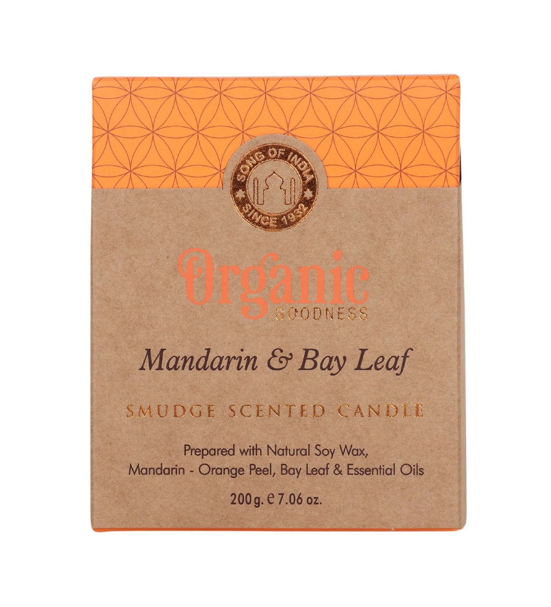 Mandarin & Bay Leaf Organic Smudge Candle by Song of India — soy wax candle jar and packaging detail