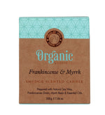 Frankincense & Myrrh Organic Smudge Candle by Song of India — soy wax candle jar and packaging detail