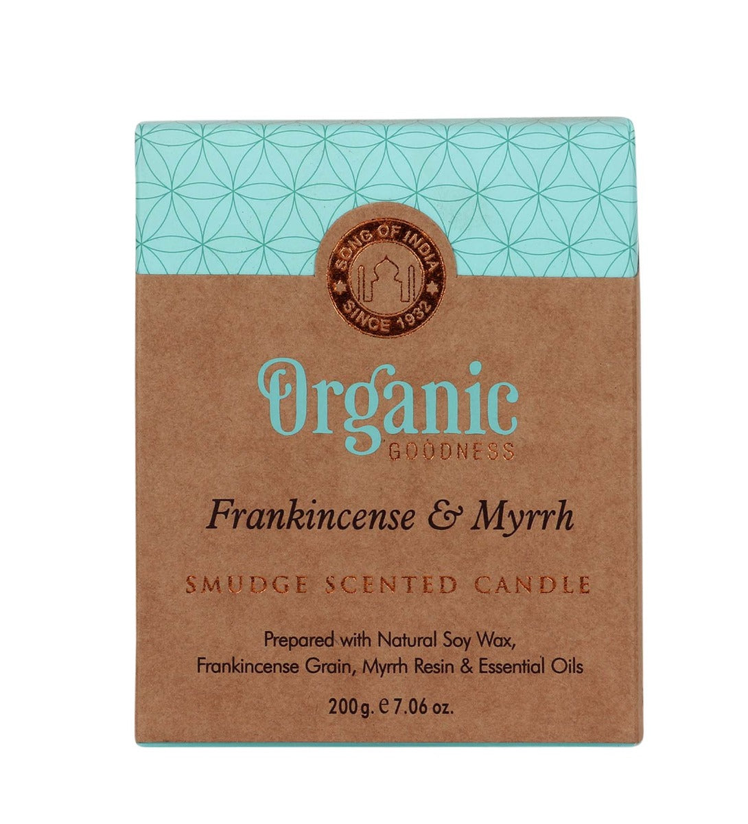 Frankincense & Myrrh Organic Smudge Candle by Song of India — soy wax candle jar and packaging detail