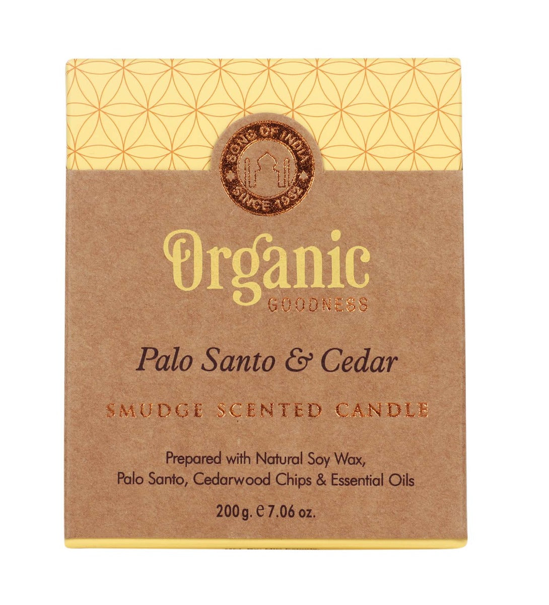 Palo Santo & Cedar Organic Smudge Candle by Song of India — soy wax candle jar and packaging detail