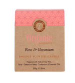 Rose & Geranium Organic Smudge Candle by Song of India — soy wax candle jar and packaging detail
