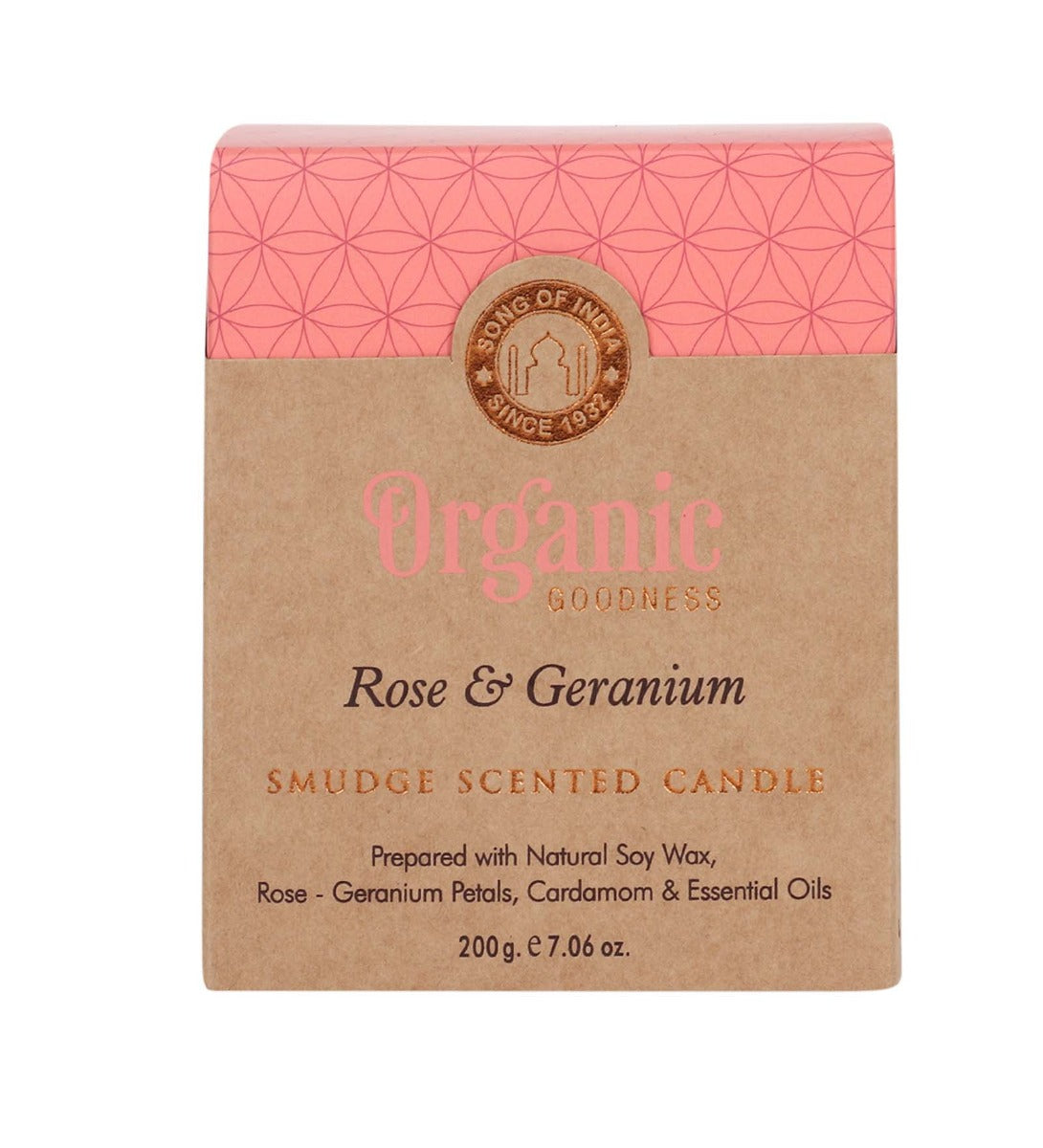Rose & Geranium Organic Smudge Candle by Song of India — soy wax candle jar and packaging detail