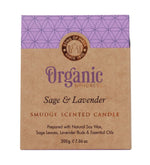 Sage & Lavender Organic Smudge Candle by Song of India — soy wax candle jar and packaging detail