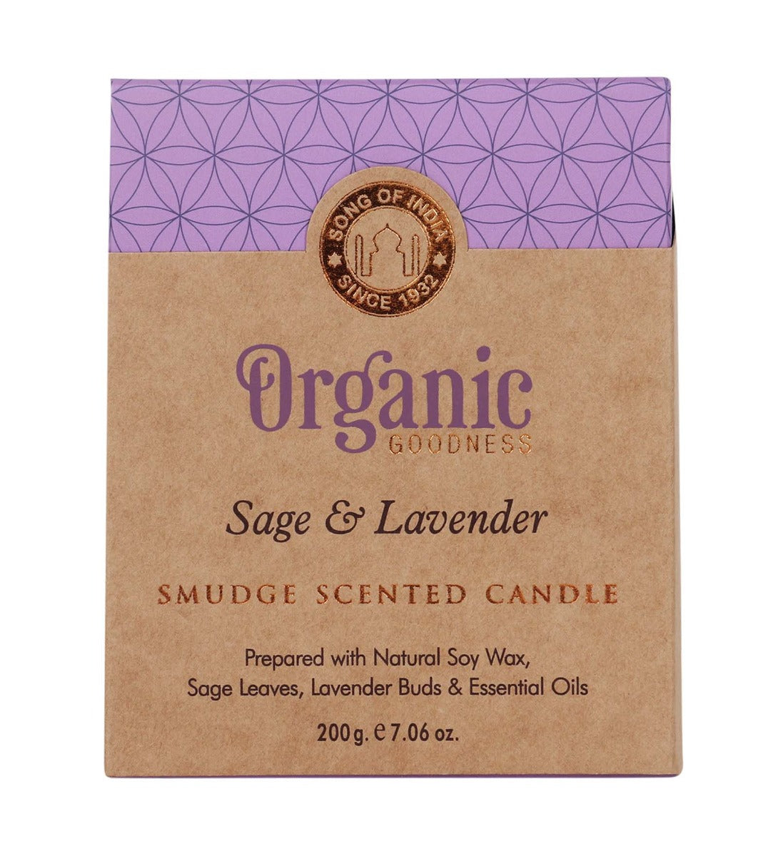 Sage & Lavender Organic Smudge Candle by Song of India — soy wax candle jar and packaging detail