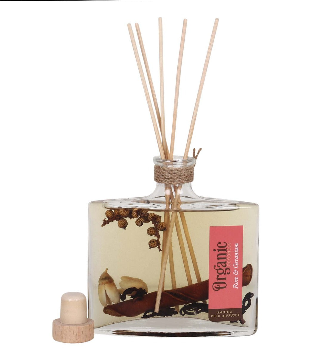 Rose & Geranium Organic Reed Diffuser by Song of India — reed diffuser bottle and reeds detail