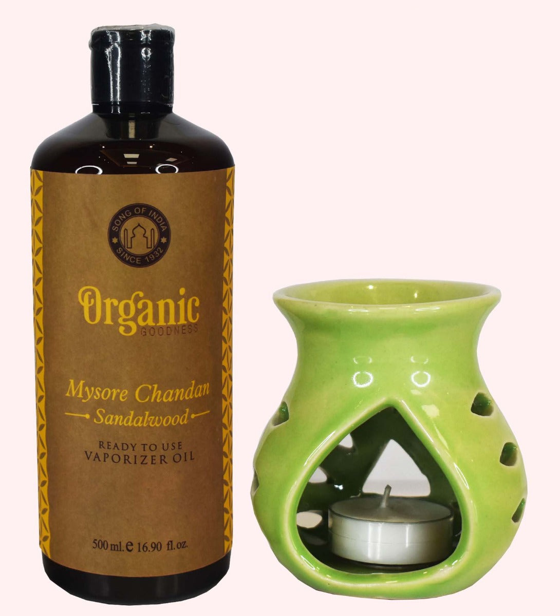 Mysore Chandan - Sandalwood Organic Vaporizer Oil by Song of India — oil bottle and packaging detail