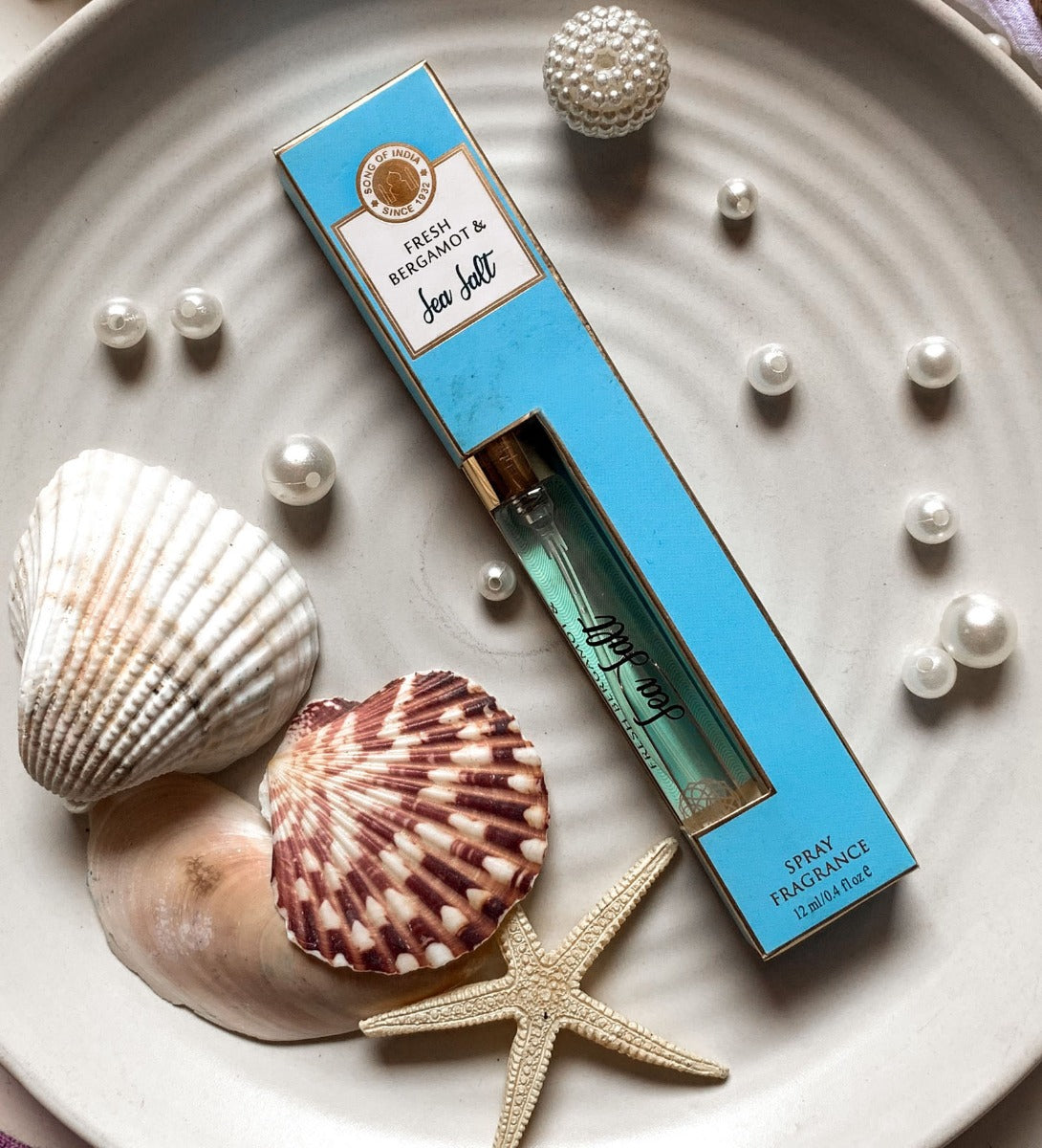 Sea Salt & Fresh Bergamot Perfume Spray by Song of India — perfume bottle and packaging detail