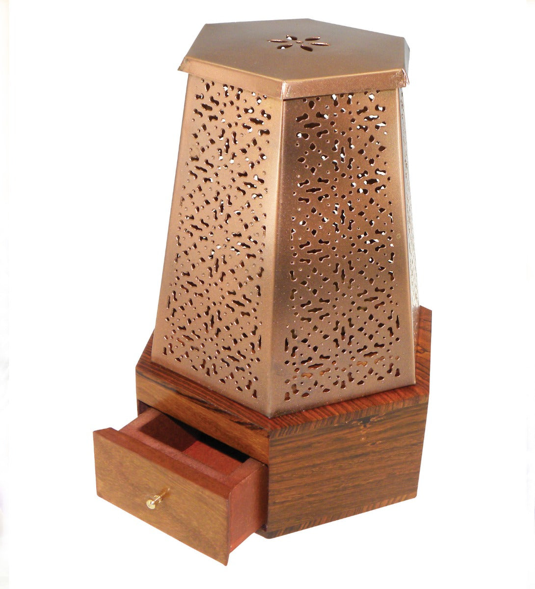 Hexagon Laser-Cut Metal Charcoal Burner with Wooden Base 8.75" by Song of India — primary product image